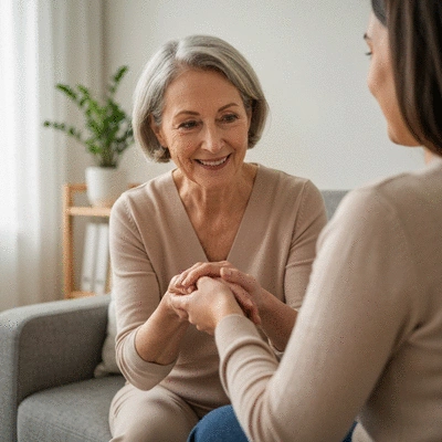 Person receiving emotional support, with a gentle, understanding interaction, representing mental health support for hormone imbalance, no text, no words, no typography, 8K