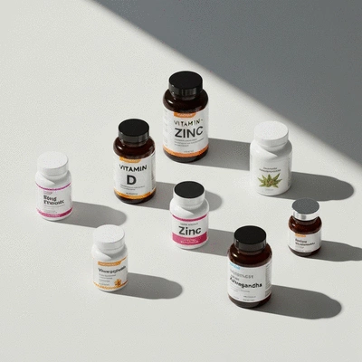 Supplements like Vitamin D, Zinc, and Ashwagandha on a clean surface