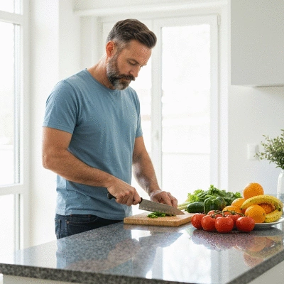 Person preparing a healthy meal with fresh ingredients, demonstrating lifestyle changes