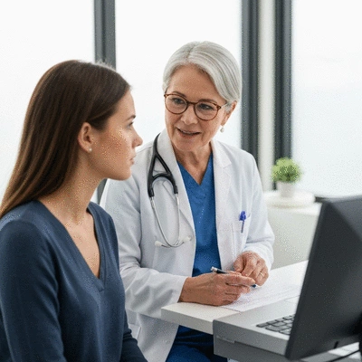 Healthcare professional consulting with a patient about personalized hormone treatment options, clean and modern clinic setting