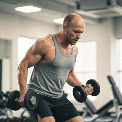 Man exercising with weights in a gym, healthy and energetic, showing good testosterone levels