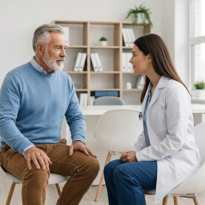Older man discussing health with a doctor in a clean, modern clinic setting