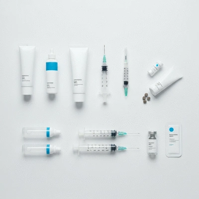 Various forms of TRT including gels, injections, and pellets on a clean medical background, no text, no words, no typography, clean image