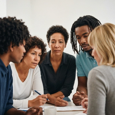 Diverse group of people participating in a support group discussion, focused and engaged, warm lighting, no text, no words, no typography, clean image