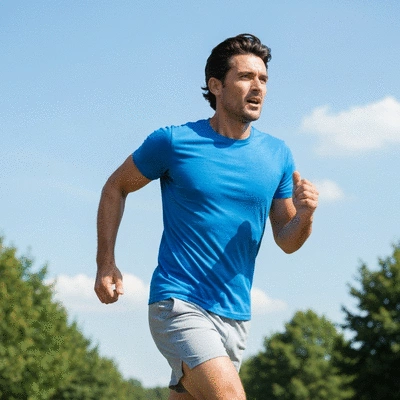 Energetic man running outdoors, demonstrating vitality and improved mood