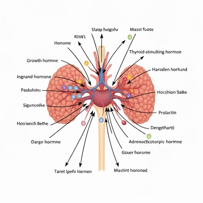 Stylized anatomical illustration of the pituitary gland regulating hormones, with various hormone names and arrows indicating flow, no text, no words, no typography, 8K