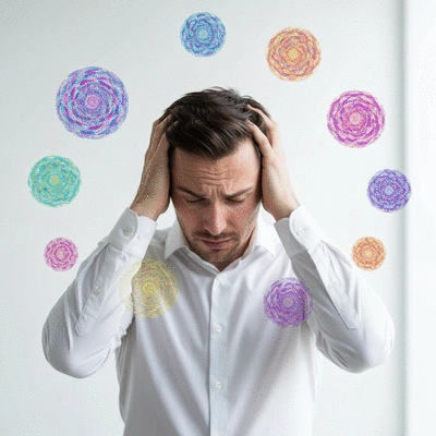 Man looking stressed, holding his head, while data visualizations of hormones float around him, no text, no words, no typography, clean image