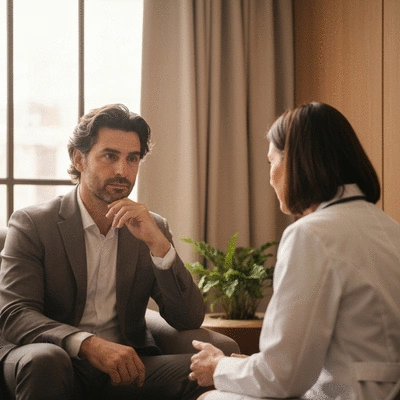 Man discussing TRT and fertility with a healthcare professional, clean image, no text