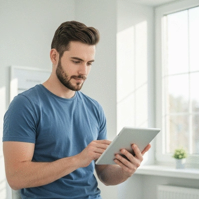 Person researching alternative hormone treatments on a tablet, with natural light and a clean background
