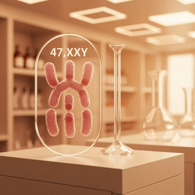 Diagram illustrating the 47,XXY karyotype with chromosomes clearly visible, set against a clean, scientific background.