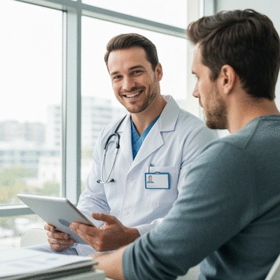 Doctor and patient discussing treatment options in a modern clinic setting