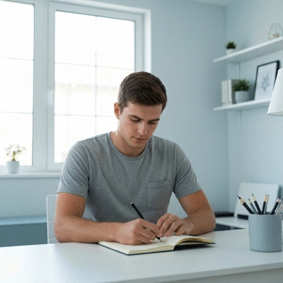 Person journaling with a pen and notebook, showing thoughtful reflection