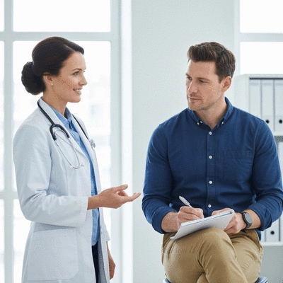 Medical professional explaining diagnostic results to a patient in a clinical setting, with a focus on empathy and clarity.