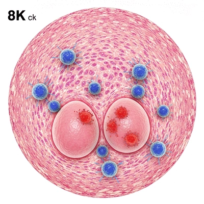 Microscopic view of immune cells interacting with testicular tissue, highlighting autoimmune attack, clean image