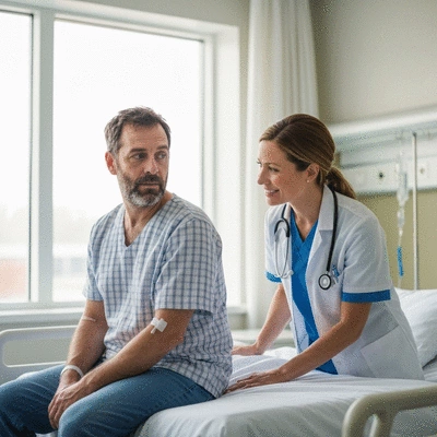 Patient discussing symptoms with a healthcare provider in a modern clinic setting