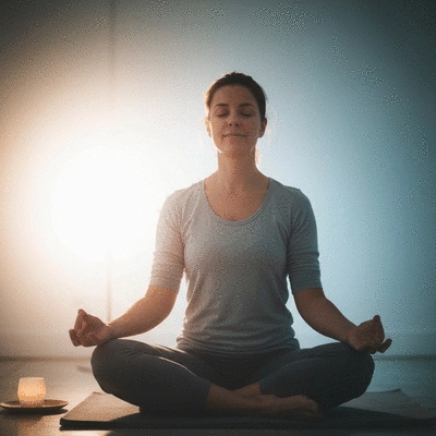 Person meditating in a calm, mindful pose, surrounded by soft light