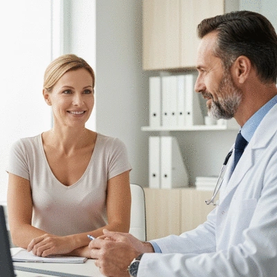 Patient consulting with a doctor about treatment options, bright and professional setting, clean image