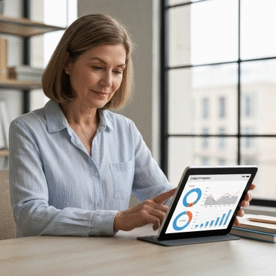 Person tracking progress on a tablet with graphs, symbolizing lifestyle changes and goals, no text, no words