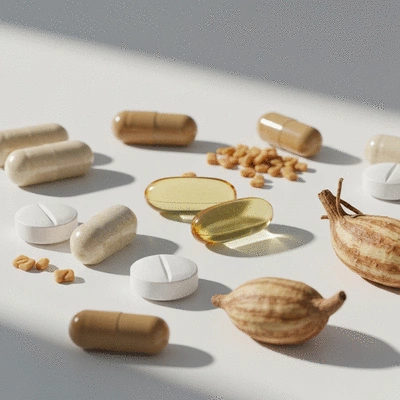 Assortment of natural ingredients like zinc, vitamin D, magnesium, fenugreek, and ashwagandha in a clean, modern setting