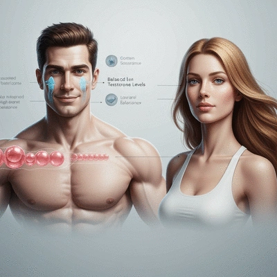 Diagram showing balanced testosterone levels in a man and a woman, illustrating health and vitality