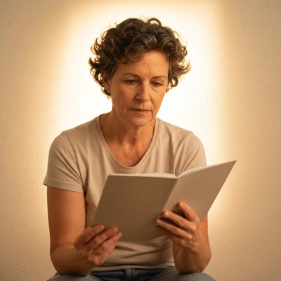 Person thoughtfully considering information about hormone health, surrounded by soft, warm light, no text, no words, no typography, clean image