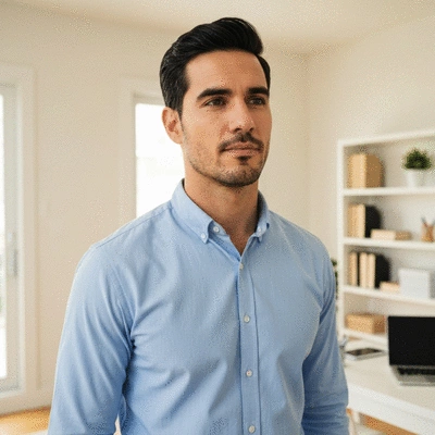 Man looking concerned about fertility impact while reading about TRT, clean image, no text