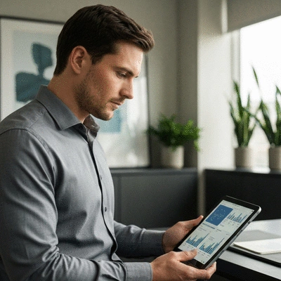 Man looking at health data charts on a digital tablet, representing data interpretation and informed decisions