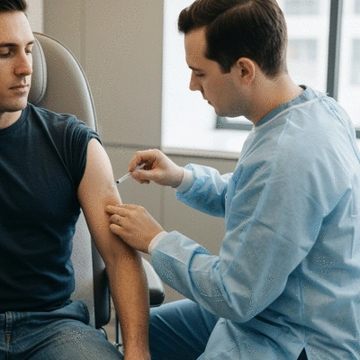 Man receiving MMR vaccination from healthcare professional, clean medical setting