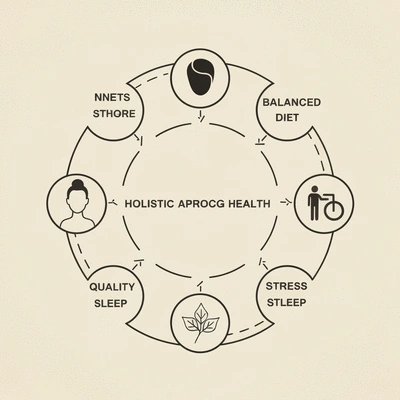 Healthy lifestyle elements: balanced diet, exercise, sleep, stress management, forming a harmonious circle