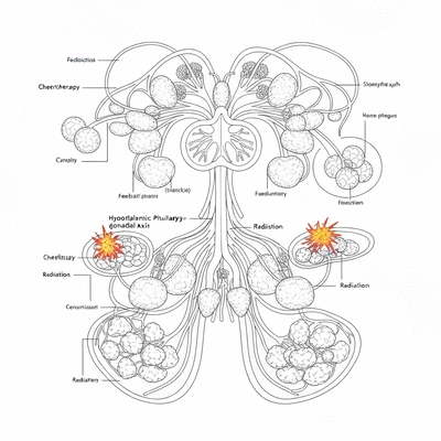 Scientific illustration of hormonal pathways affected by cancer treatment